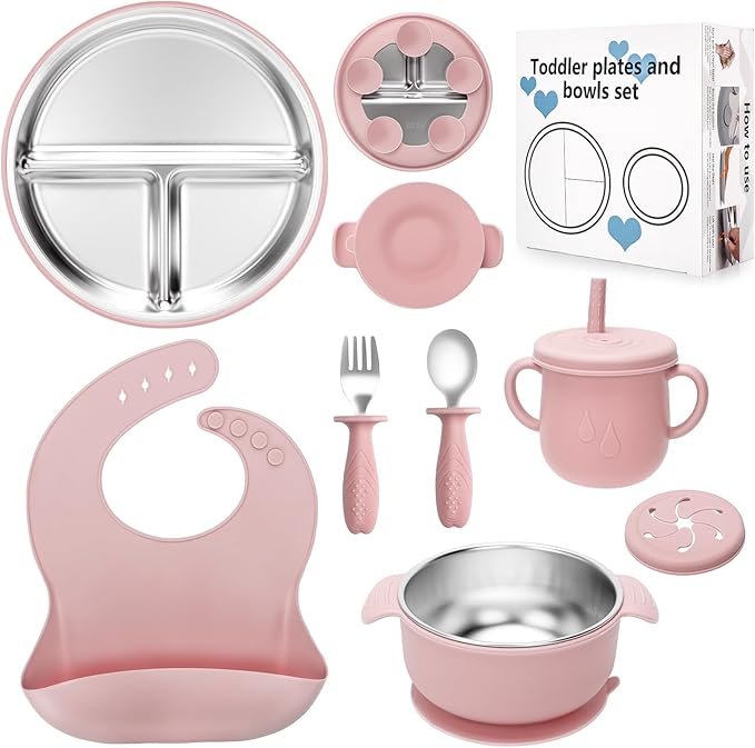 Stainless Steel Kids Plates and Bowls Set with Suction, Divided Baby Plate and Toddler Bowl with Removable Silicone Suction,Stainless Steel Weaning Bundle, Silicone Baby Feeding Set (Pink)