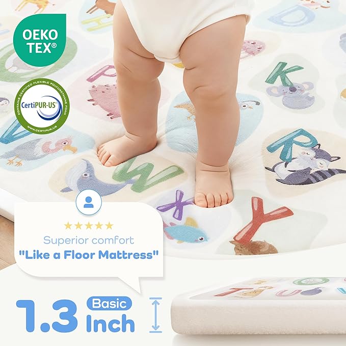 1.3" Thick Educational Baby Floor Play Mat 59x79, Basic Padded Memory Foam Kids Mat, Non-Slip Plush Playmat for Nursery Playroom Classroom (ABC Animal)
