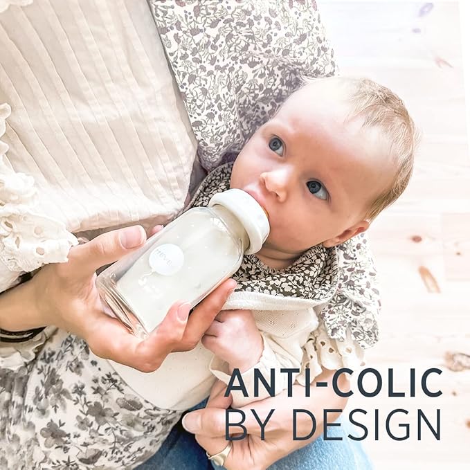 HEVEA Standard Neck Glass Baby Bottles - Natural Rubber Medium Flow Nipples - Anti Colic Baby Bottles for Breastfeeding Babies - 3+ Months - BPA-Free, Single-Pack (8 Oz)