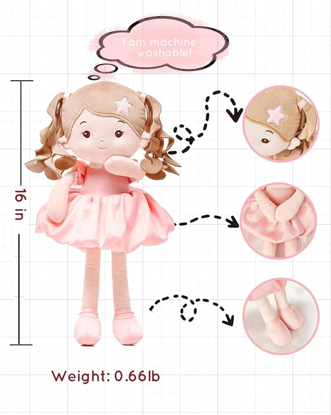 LeyaDoll Soft Baby Doll Toys (16''), My First Baby Rag Doll for 1 Year-Old Girl Birthday Gift, Christmas Plush Toys Gift for Toddler Kids Infants -Starlet Pink