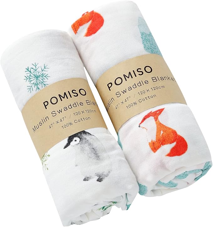 Muslin Swaddle Blankets for Boys & Girls, Receiving Baby Blanket for Newborns, Large 47 x 47 Inches, Soft Breathable Baby Swaddles, Fox & Penguin