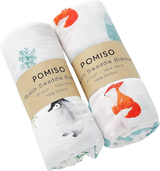 Muslin Swaddle Blankets for Boys & Girls, Receiving Baby Blanket for Newborns, Large 47 x 47 Inches, Soft Breathable Baby Swaddles, Fox & Penguin