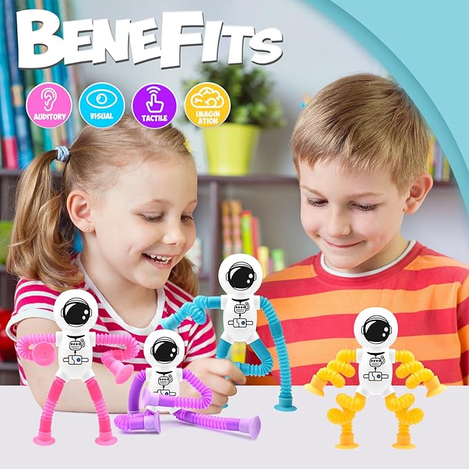4Pcs Telescopic Suction Cup Astronaut Toys,Sensory Toys for Kids 3-5 5-7,Toddler Toy,Fidget Toy,Toddler Travel Essential for Airplane,Pop Tubes, Christmas Stocking for Kids Boys Girls K