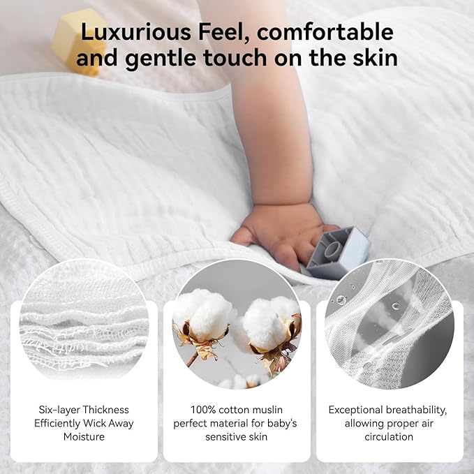 Synrroe Burp Cloths Large, Muslin Burp Cloths for Baby Girls and Boys, Pack of 4 Extra Absorbent and Soft Muslin, 6 Layers 20 by 10 Inches 100% Cotton (White 4 Pack)