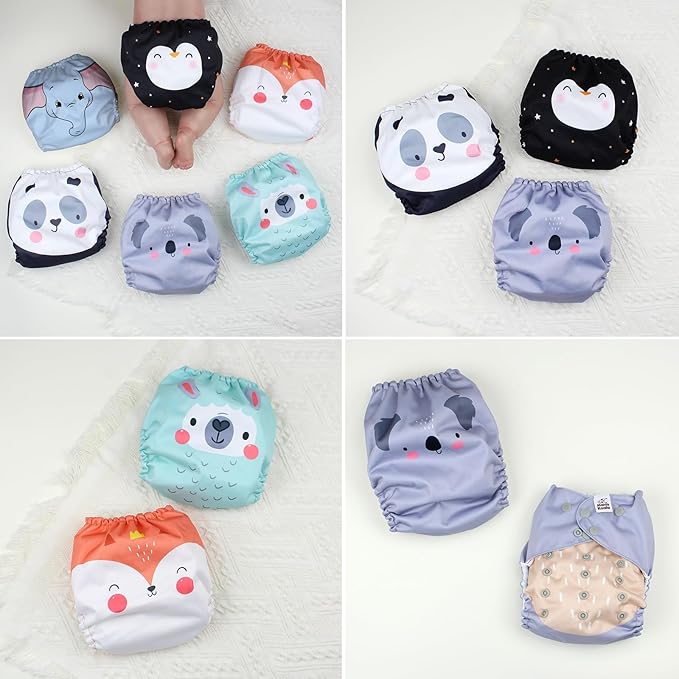 Mama Koala 3.0 Pocket Cloth Diapers for Babies with AWJ Lining, 6 Pack with 6 5-Layer Natural Cloth Diaper Inserts - Reusable and Washable Pocket Diapers(A-Love Animals)