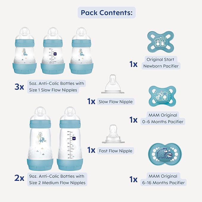 MAM Newborn Essentials Matte Feeding Set, Easy Start Anti-Colic Bottles 5oz, Self-Sterilizing, for 0-3 Months Pacifiers, Skinsoft Silicone Nipples, 10 Pieces for Boy