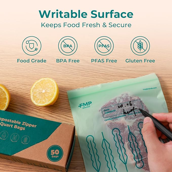 Fit Meal Prep 50 Pack 100% Compostable Food Storage Bags, 7 x 8" Resealable Freezer Bags Quart Size for Meat, Fruits, Plant-Based Sandwich Bag, ASTM D6400, US BPI & EU OK Compost Certified