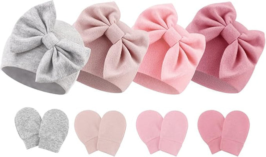 Newborn Baby Hats and Mittens Set Infant Bow Beanie Cap Toddler Gloves Newborn Hospital Hats for Baby Boy Girl 0-6 Months