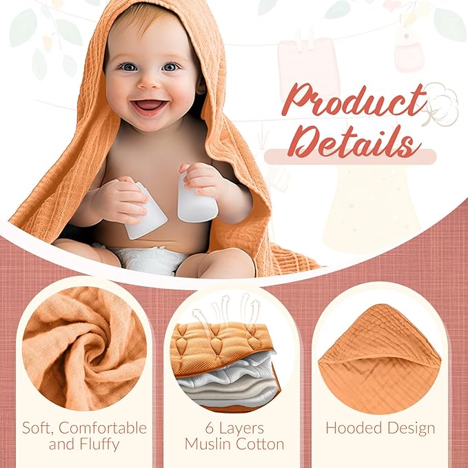 VitalCozy 8 Pcs Baby Muslin Hooded Bath Towels and Washcloths Muslin Cotton Hooded Baby Towels Absorbent Blankets for Gift Newborn Infant Shower (32 x 32 Inch,Classical Color)