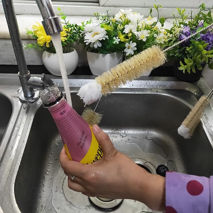 NewFerU Stainless Steel Soda Bottle Cleaning Brush Set in Natural Boar Bristle Wool Tip Long Handle, Flexible Bendable Thick Wire Cleaner for Narrow Neck Water Baby Bottles Straw Pipe Tube Flask (4)