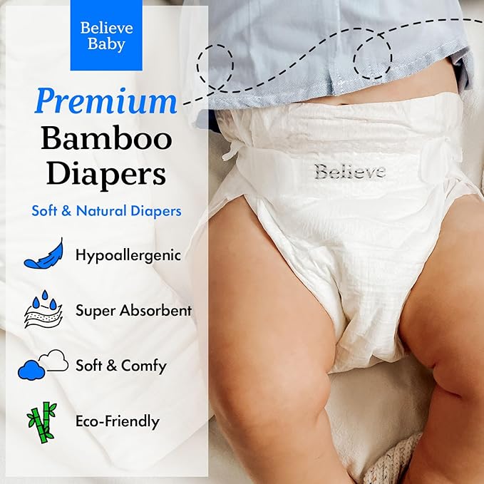 Believe Diapers Size 2 (12-18 Lbs) Viscose Bamboo Diapers 54 Count – Natural Baby Diaper, Chemical Free and Fragrance Free Natural Diaper for Sensitive Skin, Super Absorbent with Leak Protection