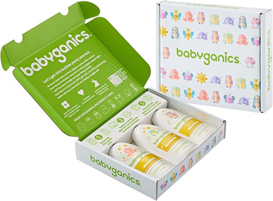 Babyganics Bath Time Giftset, Bubble Bath, Squeeze Foam Shampoo + Body Wash, Moisturizing Daily Lotion in Chamomile Verbena