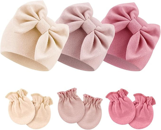BQUBO Newborn Girls Hats Baby Hat and Mittens Set Infant Caps Bow Hospital Beanie with No Scratch Mittens for Baby Boys Girls