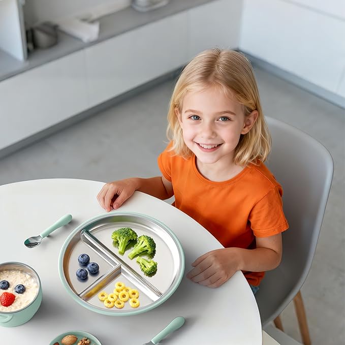 Stainless Steel Toddler Plate with Suction 2Pack, 9” Divided Kids Plates with Silicone Suction for Baby Self Feeding, Non Toxic Non Slip Unbreakable Snack Dishes Dinnerware Set, Blue & Sage