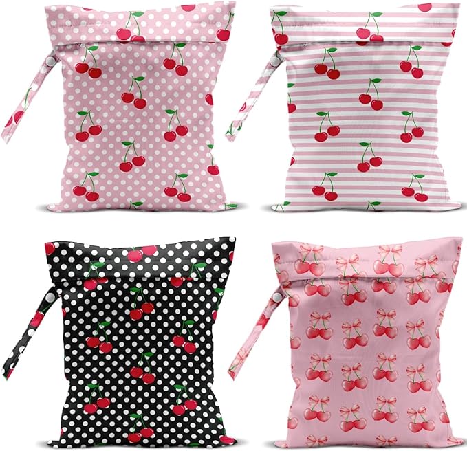 4 Pack Cute Polka Striped Cherry Bow Wet Bag Waterproof Washable Reusable Wet Dry Bag for Swimsuit Dirty Clothes Bathing Cloth Diaper Travel Beach Pool Yoga Gym Toiletries Travel Beach Essentials