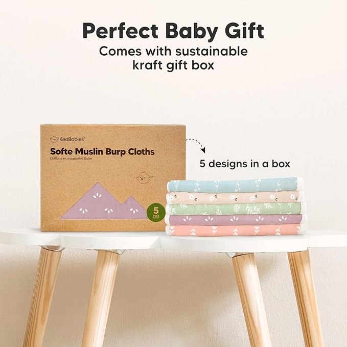 5-Pack Muslin Burp Cloths Baby Boy, Girl - Very Absorbent Baby Burp Cloth Rags, 8-Layers Viscose Derived from Bamboo Cotton Muslin Towel, Super Soft Spit Up Rags, No Shrink Washcloths (Blooms)
