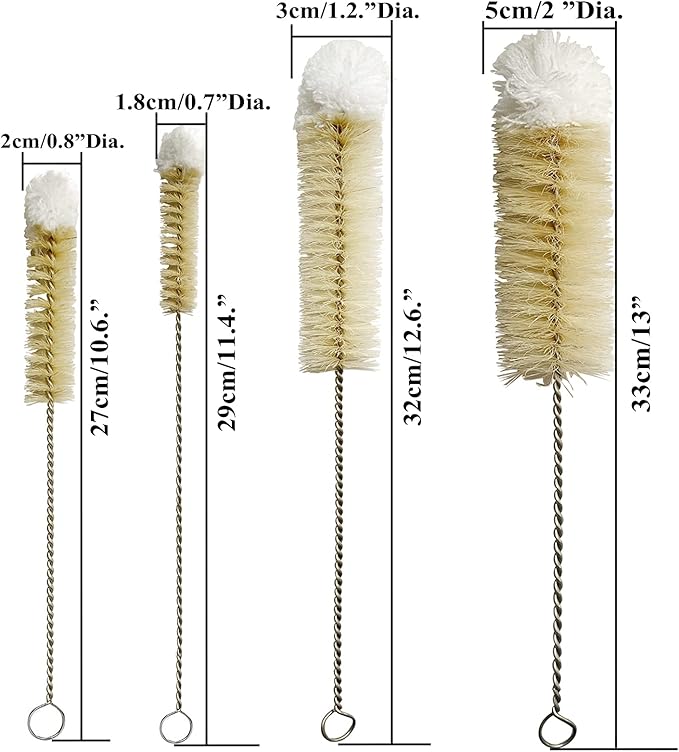 NewFerU Stainless Steel Soda Bottle Cleaning Brush Set in Natural Boar Bristle Wool Tip Long Handle, Flexible Bendable Thick Wire Cleaner for Narrow Neck Water Baby Bottles Straw Pipe Tube Flask (4)