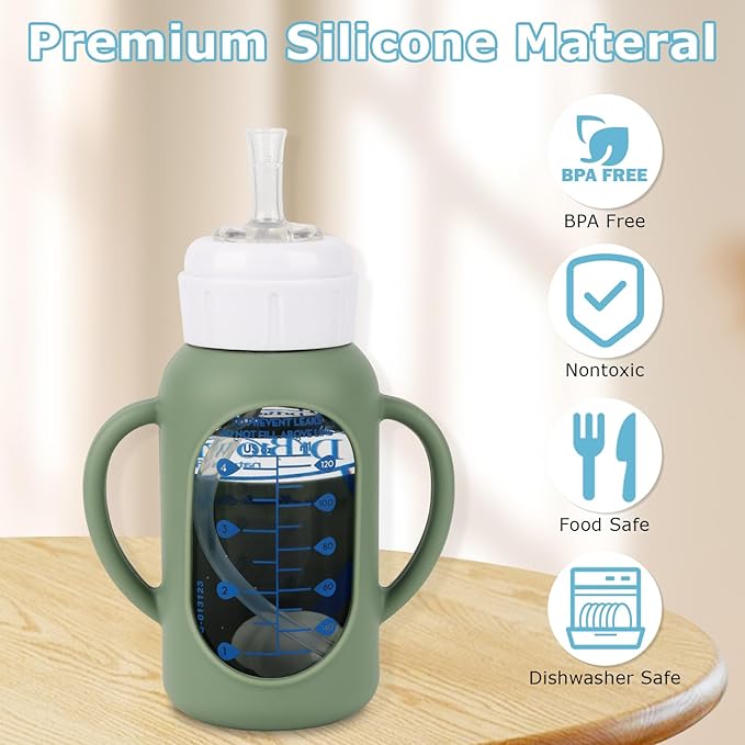 Straw Cup Conversion Kit with Silicone Sleeves for Dr. Brown's Narrow Glass Baby Bottle 4oz,Anti Breakage Baby Bottles Replacement Kit with Handle and Soft Straw Top,6m+,Set of 4