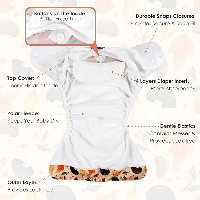 wegreeco Cloth Diapers 5 Pack with 5 Inserts, Washable Cloth Diapers for Babies, One Size Adjustable Reusable (Pink Girly)