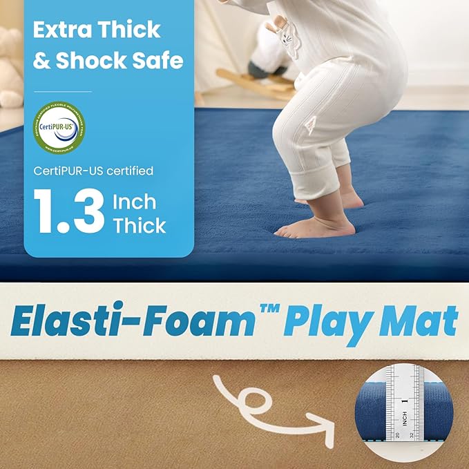 1.3" Thick Baby Play Mat for Floor, 79x79 Large Foam Tummy Time Mat, Padded Support Soft Plush Nursery Rug for Infant Kids Toddler Crawling Kick Activity (Royal Blue)
