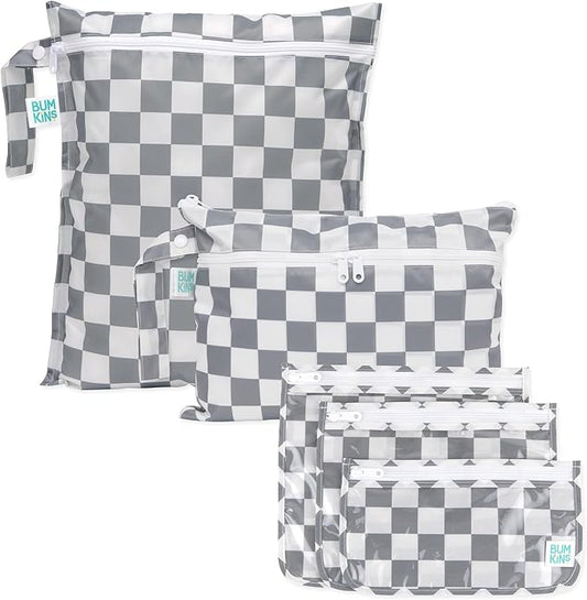 Bumkins - Waterproof Wet Bag, Wet/Dry Clutch & Clear Travel Bags - For Beach, Baby, Travel, Cloth Diapers, Pump Parts, Pool, Gym, Toiletries - Reusable & Easy to Clean - Gray Check - 5 Pack