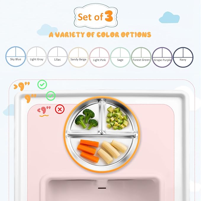 Stainless Steel Suction Plates for Toddlers, 9" Divided Kids Baby Plates with Removable Silicone Suction, Non Toxic Non Slip Portion Control Snack Dishes 3 Packs, Bright Orange/Blue/Green