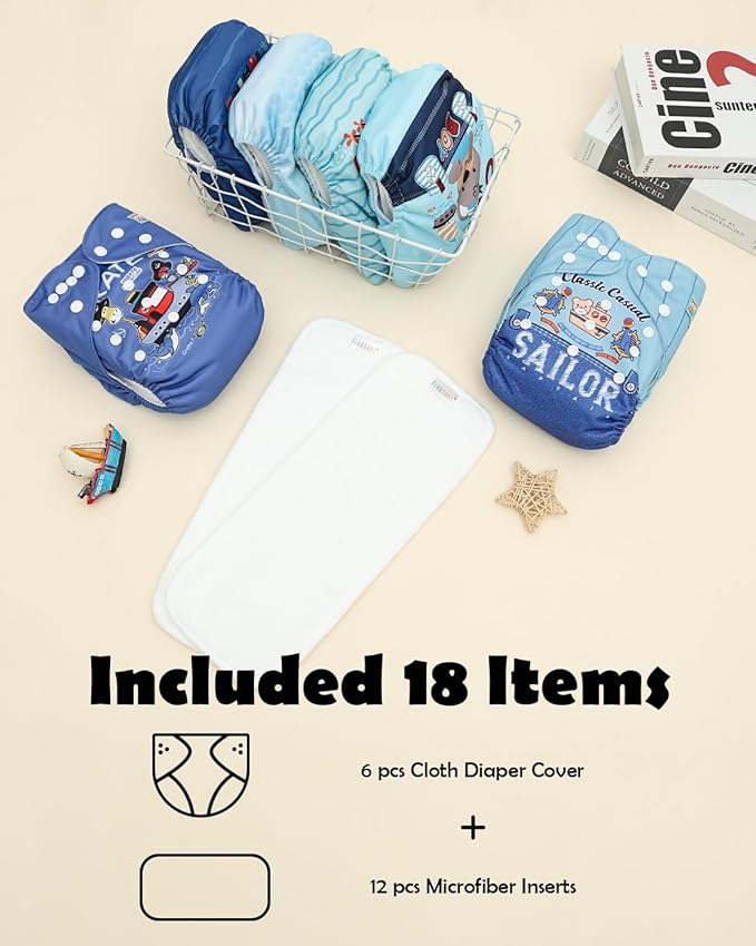 ALVABABY Baby Cloth Diapers 6 Pack with 12 Inserts Cloth Diaper Covers Adjustable Washable Reusable for Baby Girls and Boys 6DM133A