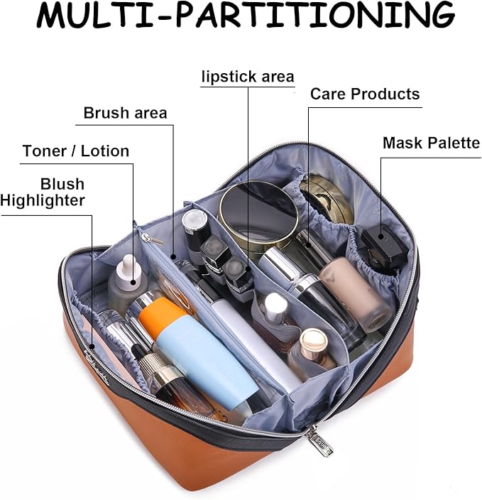 BOYATU Travel Makeup Bag Organizer Cosmetic Bag: 3 Pcs Set Make up Bags for Women with Handle - Waterproof Vegan Leather Toiletry Bags Travel Essentials Pouch with Compartments (A-07-Orange)