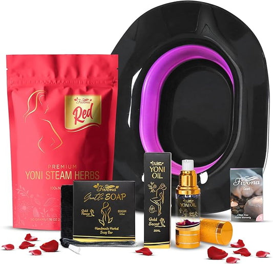 Fivona 4-in-1 Feminine Care Kit, Yoni Oil, Yoni Soap, Yoni Steaming Pot and Red Premium V Steam Herbs, Complete Herbal V Care Set