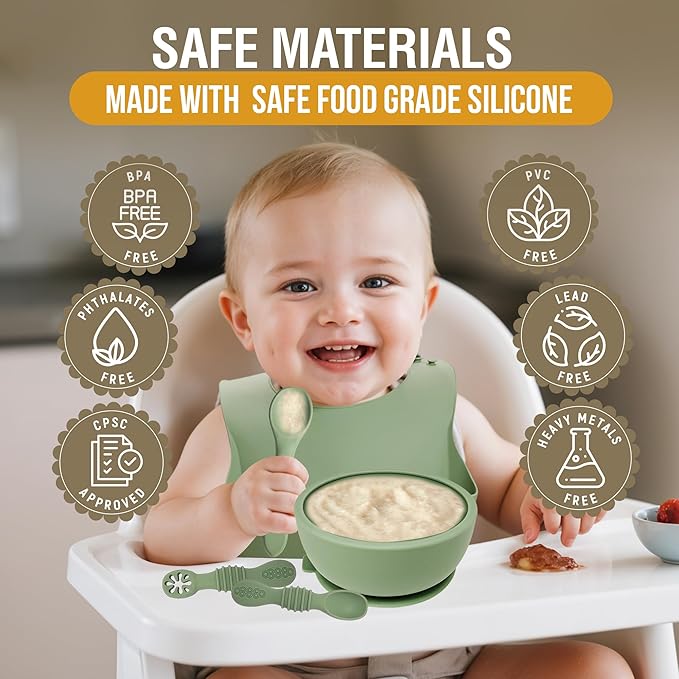 6 Piece Baby Bowls With Suction and Lids | Toddler Bowl Set with 1 Bowl, 1 Bib, 2 Baby Spoons, 1 Large Spoon, 1 Large Fork, Baby Feeding Essentials (1, Cream)