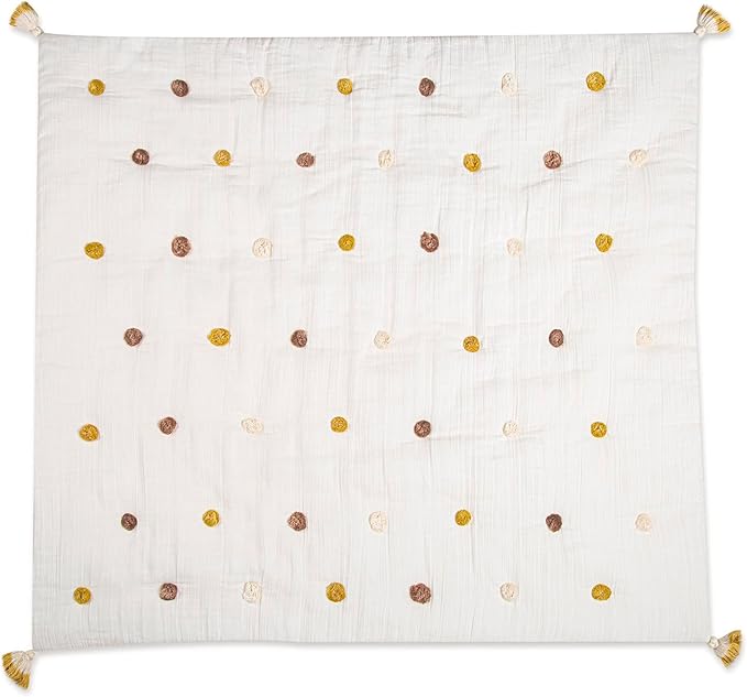 Crane Baby Blanket, 36” x 36”, Soft Cotton Pom Pom Nursery Blanket for Boys and Girls, Cream