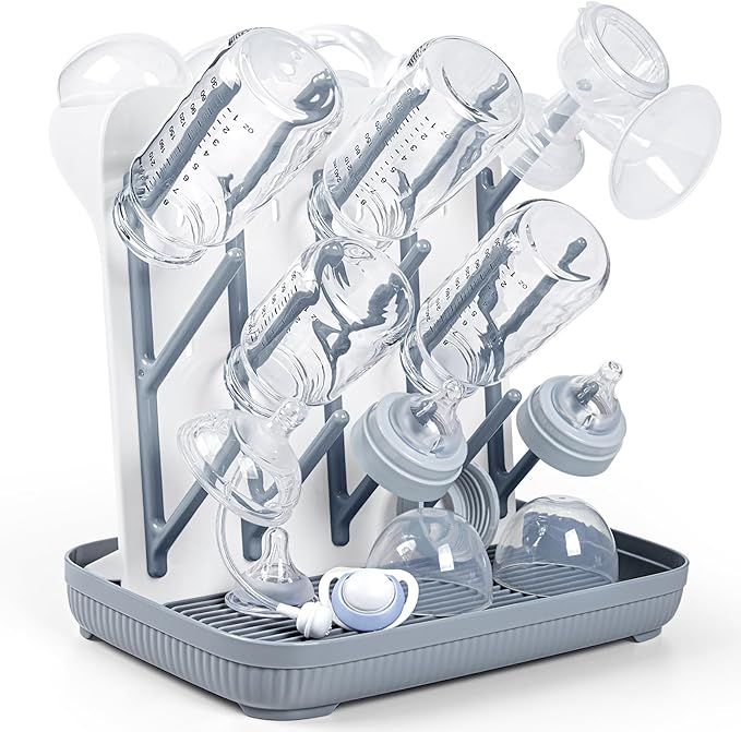 Termichy Baby Bottle Drying Rack: Large Vertical Bottle Dryer Rack Holder - Space Saving Standing Drying Rack for Baby Bottles and Pump Part Cleaning (Gray)