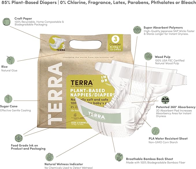 Terra Size 3 Diapers: 85% Plant-Based Diapers, Ultra-Soft & Chemical-Free for Sensitive Skin, Superior Absorbency for Day or Nighttime Diapers, Designed for Babies 13-24 Pounds, 160 Count