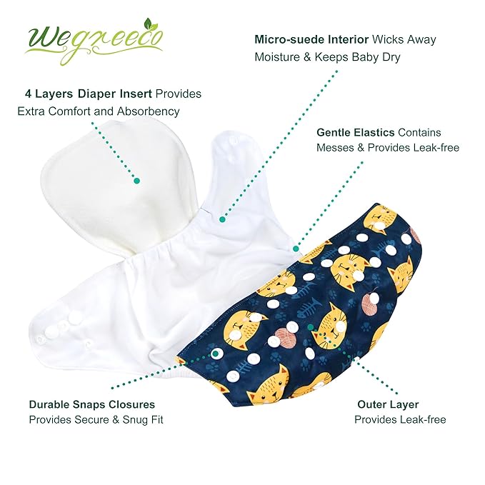 wegreeco Cloth Diapers 6 Pack with 6 Inserts & 1 Wet Bag, Washable Cloth Diapers for Babies, One Size Adjustable Reusable (Dinosaur)