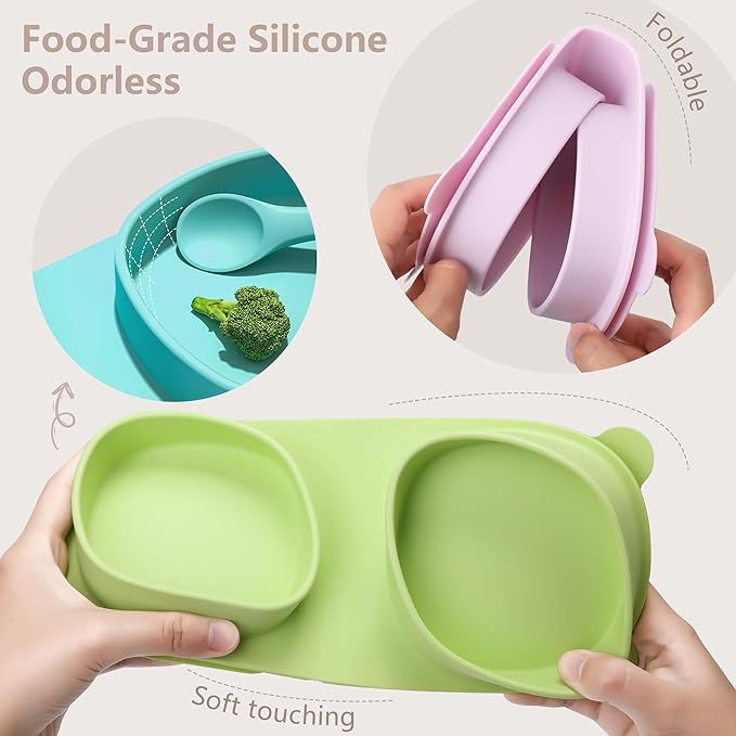 Baby Plates with Suction with Forks and Spoons,Foldable Silicone Toddler Plates,Baby Travel Essential,Microwave & Dishwasher Safe,Green