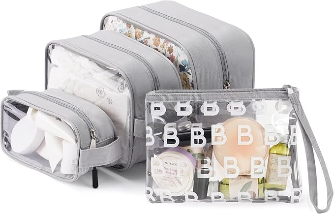 4-Piece Diaper Bag Organizer Pouch Set - Clear Waterproof Travel Toiletry Packing Cubes, Baby Essentials Organizing Bags for Nursery, Grey