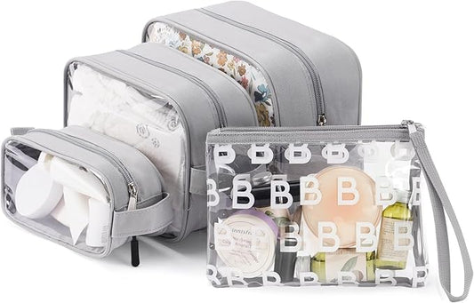 4-Piece Diaper Bag Organizer Pouch Set - Clear Waterproof Travel Toiletry Packing Cubes, Baby Essentials Organizing Bags for Nursery, Grey