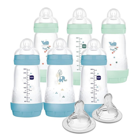 MAM 9oz Easy Start Anti-Colic Baby Bottles, Medium Flow with 2X Bonus Nipples (Fast and Extra Fast Flow), Reduces Colic, Gas, & Reflux, Easy-to-Clean, BPA-Free, 2 Plus Months