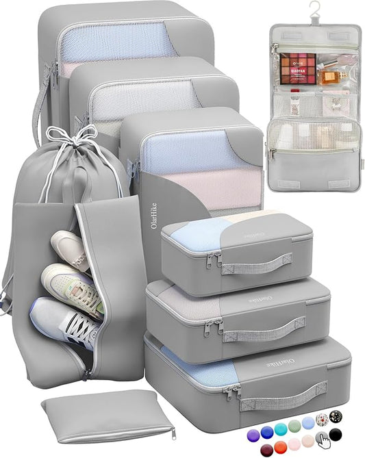 ALL INCLUDED 10 Set Durable Packing Cubes for Suitcases,OlarHike Essentials for Travel, UPGRADED Anti-Tear Stitching, NEW Improved Luggage Packing Organizers for Travel Accessories (Grey)