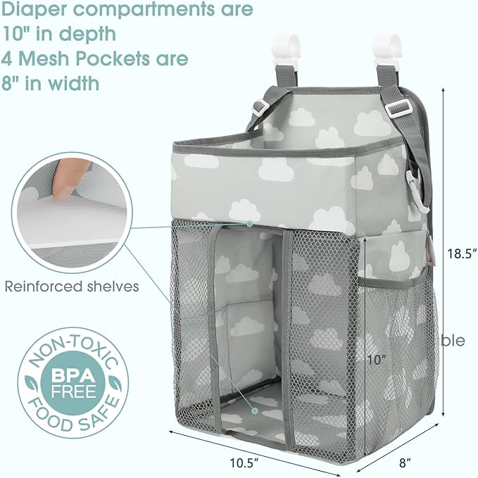 Maliton Hanging Diaper Caddy Organizer - Diaper Stacker for Changing Table, Crib, Playard or Wall & Nursery Organization Baby Shower Gifts for Newborn (Gray Cloud)