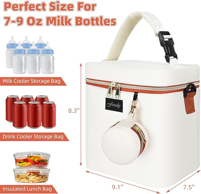Breastmilk Cooler Bag with Ice Pack, Insulated Baby Bottle Tote Bag for 6 Bottles Up to 9 oz, Clip-On Pouch for Baby Essentials, Leakproof, Waterproof, Shoulder Strap for Nursing Moms
