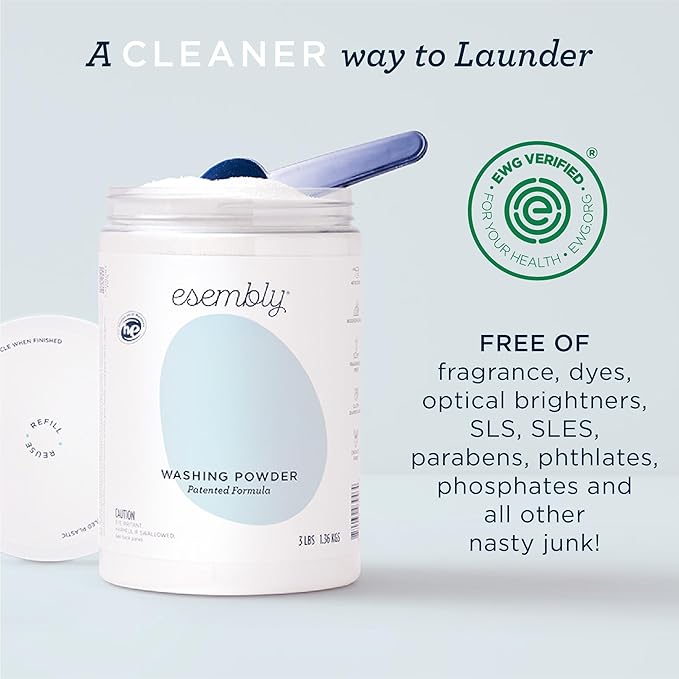 Esembly Laundry Washing Powder – HE Mineral Based Detergent for All Household Laundry and Cloth Diapers – Patented, Fragrance-Free, EWG Verified, Earth-Friendly, (3lb Refillable Canister and Scoop)