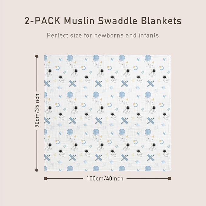 GLLQUEN BABY Muslin Swaddle Blankets Breathable Receiving Blankets (35" x 40") 2-Pack Soft Baby Blankets for Girls and Boys Newborn Essentials Muslin Burp Cloths Swaddle Wrap Baby Gift(Astronaut)