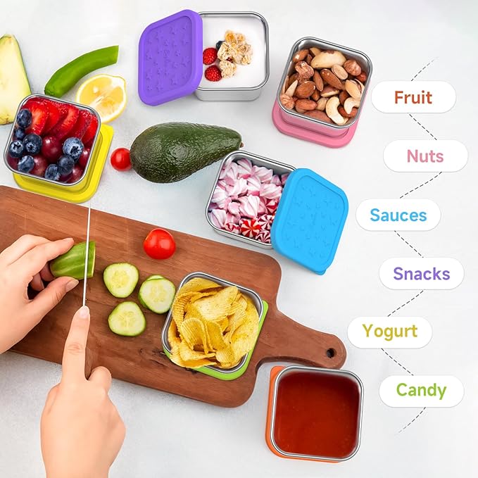SOPHICO Stainless Steel Snack Containers for Kids, 6 oz Leak Proof Small Food Storage Container with Silicone Lid, 304 Metal Toddler Lunch Box for Daycare, School and Travel (6 Pack)