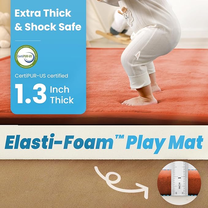 1.3" Thick Baby Play Mat for Floor, 28x72 Foam Tummy Time Mat, Padded Support Soft Plush Bedside Rugs for Infant Kids Toddler Crawling Kick Activity (Brick)