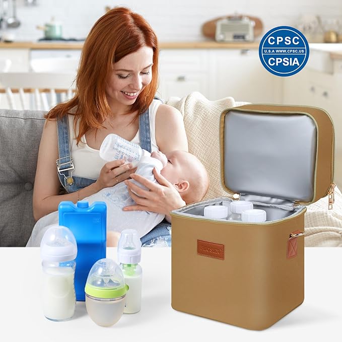 PIIOSER Breastmilk Cooler Travel Bag with Ice Pack, Insulated Bottle Bags Fits 6 Baby Bottles Up to 9 Ounce, Double Layer Waterproof Leak-Proof with Shoulder Strap for Nursing & Working Mom (Brown)