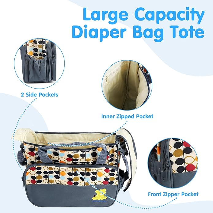 5PCS Diaper Bag Totes Set, Large Diaper Tote, Waterproof Maternity Bags, Cute Baby Diaper Organizer with Bottle & Food Bag