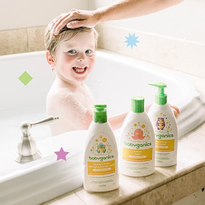 Babyganics Bath Time Giftset, Bubble Bath, Squeeze Foam Shampoo + Body Wash, Moisturizing Daily Lotion in Chamomile Verbena