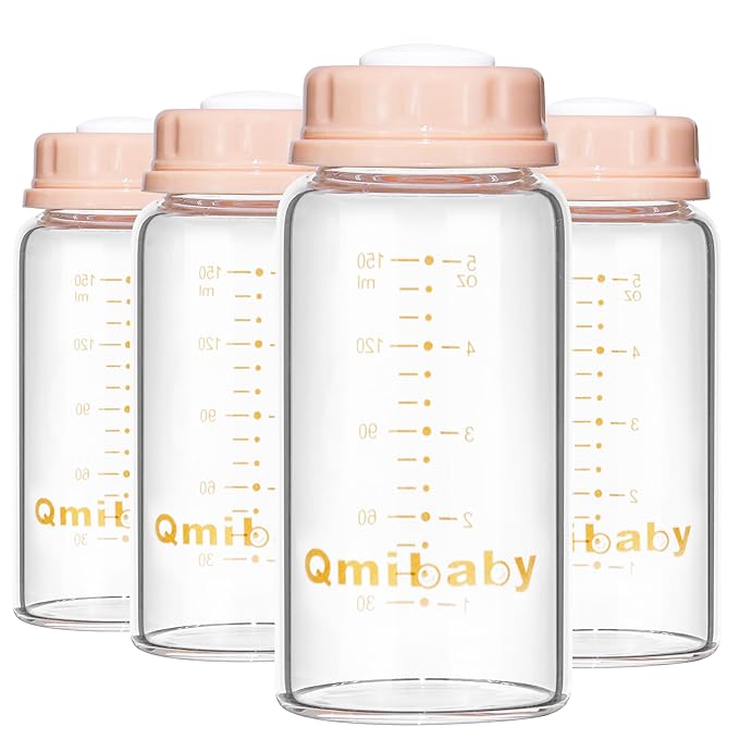 Natural Glass Baby Bottle 150ml 5oz Standard Neck Breast Milk Storage Bottles Compatible with Medela Breast Pumps for Breastmilk Storage Bottle Breastfeeding BPA-Free 4 Pack (Pink Lids)