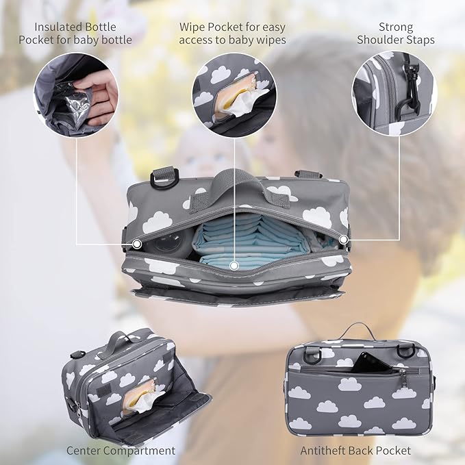 Small Diaper Bag, Stroller Organizer Bags for Baby with Insulated Pocket, Stroller Hooks and Adjustable Strap,Universal Mini Diaper Tote Bags Fit All Strollers, Gray